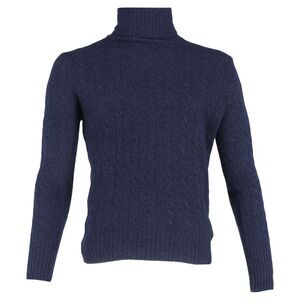 Erdem Cable-Knit Turtleneck Sweater in Navy Blue Wool